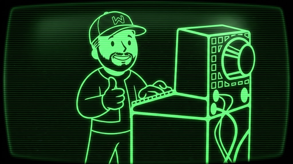 A bearded character in a baseball cap giving a thumbs-up beside a retro computer, in green CRT artwork.